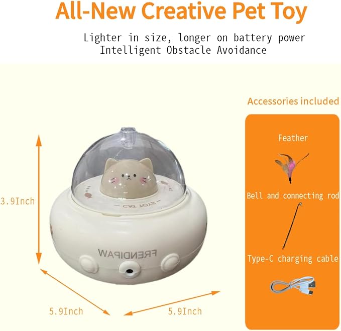 Interactive Cat Toy for Indoor Cats, Automatic UFO Kitten Toy with 360° Rotating Feathers and Bell, Hands-Free Electronic Teaser Toy, Stimulates Hunting Instincts, Multi-Cat Friendly