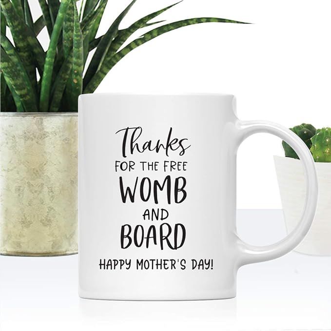Andaz Press Mother's Day 11oz. Ceramic Coffee Tea Mug Gift for Mom, Thanks For The Free Womb and Board, Happy Mothers' Day!, Pregnant Woman Graphic, 1-Pack, Birthday Christmas Gift Ideas