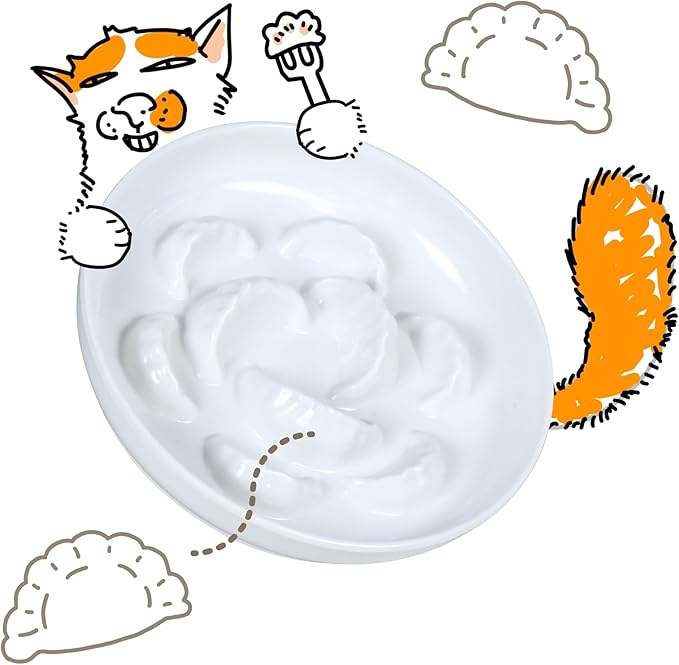 Unbreakable Slow Feeder Bowl - Melamine Puzzle Cat Bowl for Healthy Eating - Cat Feeder for Wet & Dry Food- Dishwasher Safe & Non Slip Design - 6.3''W x 1.2''H - 7 oz - White