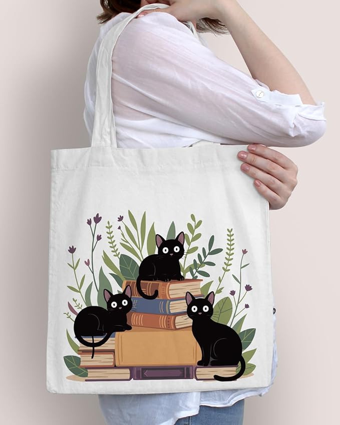 Cute Cat Canvas Tote Bag for Women Funny Cat Bag for Shopping Work Travel Lover Totes Gifts