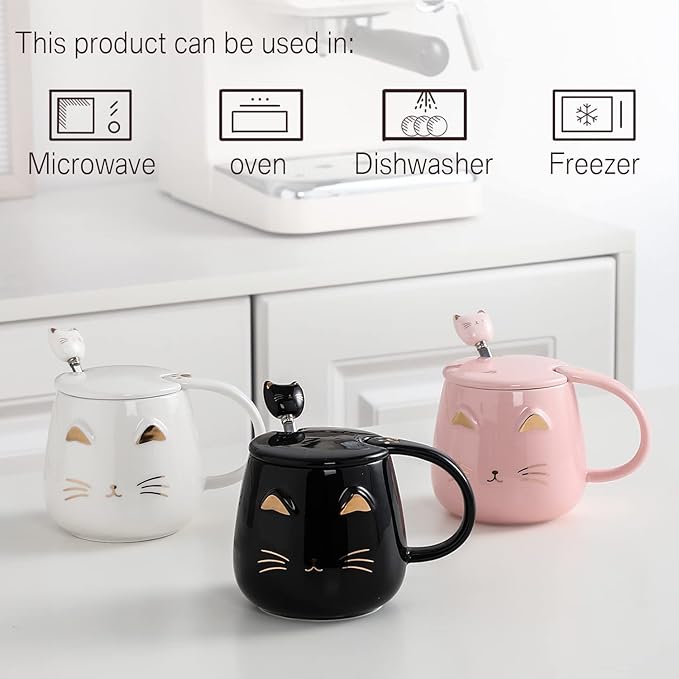 Yuwu Cat Mug Cute Coffee Mug gifts for cat lovers Ceramic Cup, Novelty Mug with Lid and Stainless Steel Spoon, Christmas Birthday Gifts Present for kids Women Girls (pink)