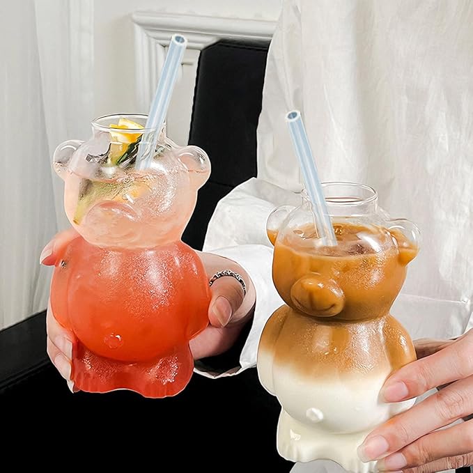 Glass Teddy Bear Cup with Straw - 10 oz Adorable Bear Glass Mug for Coffee, Wine & Cocktails - Cute Honey Straw Cup