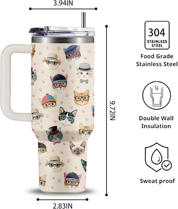 Cat Face Tumbler 40oz with Handle - Funny Cat Lover Gifts for Women, Insulated Travel Coffee Mug, Cute Cats Cup for Cats Owners, Christmas Birthday Present