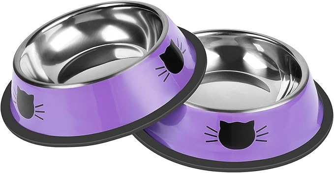 2 Pcs Non-Slip Stainless Steel Small Cat Food Bowls - Unbreakable, 7 Oz, Suitable for Indoor Small Pets - Removable Rubber Base, Easy to Clean, Lovely Color