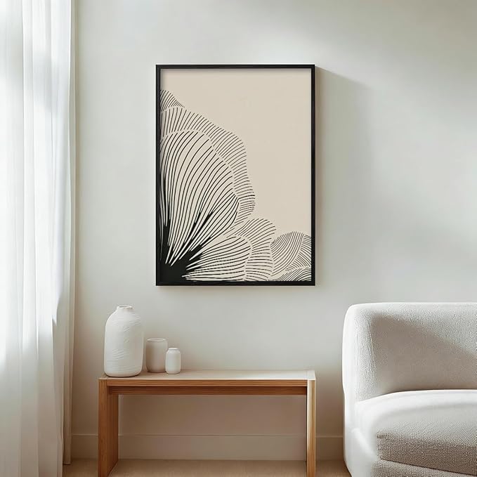 Abstract Black and Beige Flowers Canvas Wall Art, Neutral Floral Lines Poster, Modern Minimalist Floral Wall Decor, Boho Botanical Sketch Art Print for Living Room Bedroom 16x20in Framed