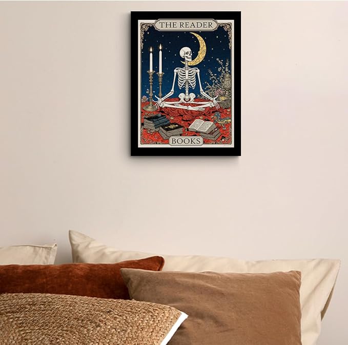 The Homebody Tarot Card Wall Art, Funny Skeleton Meditating Posters, Book Lovers Gifts, Vintage Canvas Framed Prints Room Aesthetic, Whimsical Decor for Living Room Entryway Bedroom Book Shelf