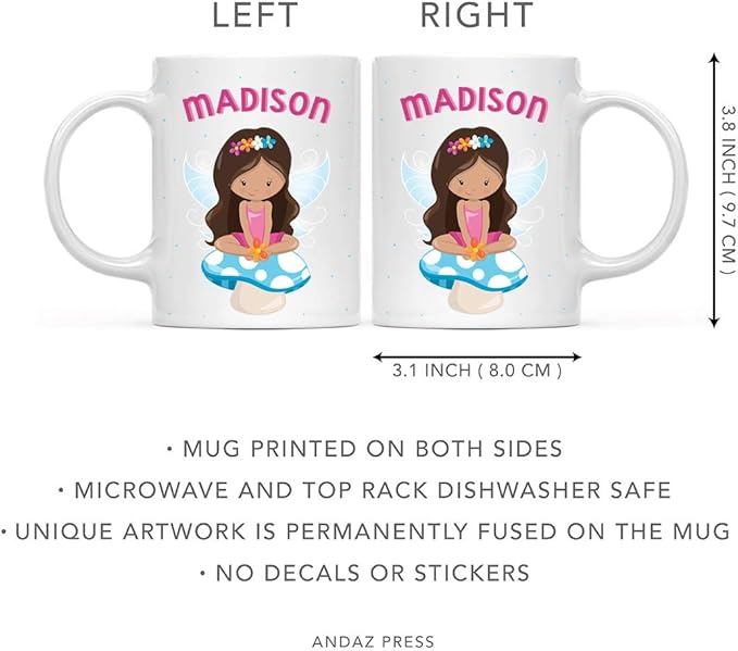 Andaz Press Personalized 11oz. Kids Milk Hot Chocolate Mug, Pink Fairytale Princess with Blue Mushroom, 1-Pack, Custom Child’s Birthday Christmas Coffee Cup