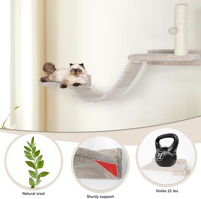 Cat Wall Shelves - 7 Pcs Luxury Wall-Mounted Cat Furniture Set, Including 2 Shelves, 2 Solid Wood Steps, 1 Bridge Ladder, 1 Sisal Scratcher Post, 1 Hanging Ball for Large Cats