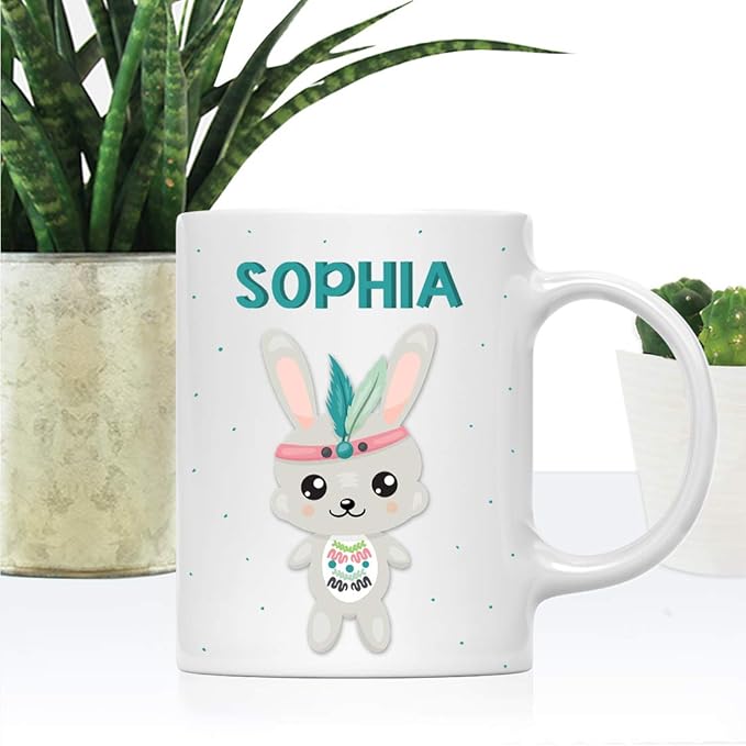 Andaz Press Personalized 11oz. Kids Milk Hot Chocolate Mug, Tribal Rabbit, 1-Pack, Custom Child’s Birthday Christmas Coffee Cup