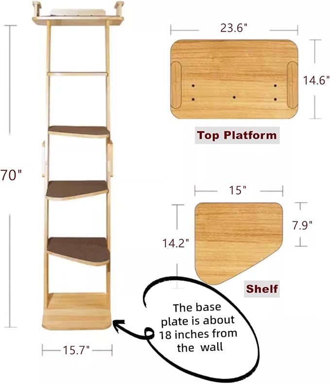 Modern 70“ Tall 6 Level Leaning Cat Climbing Ladder Tree Tower Condo with Large Perch Platform for Window Wall, Solid Wood Cat Furniture Shelves for Multiple Cats