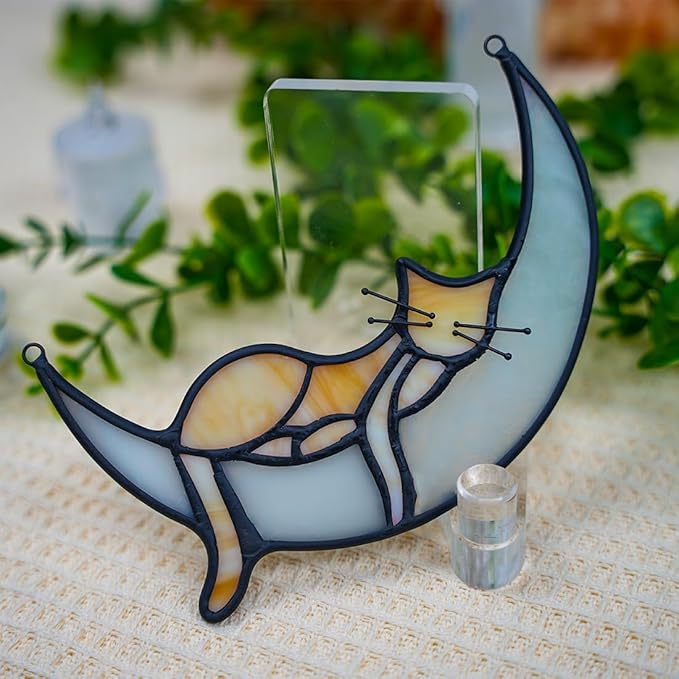 BOXCASA Stained Glass on Moon Cat Windown Hanging,Handcrafted Suncatcher Orange Cat Mom Gifts for Women,Daughter,Mothers Day,Christmas