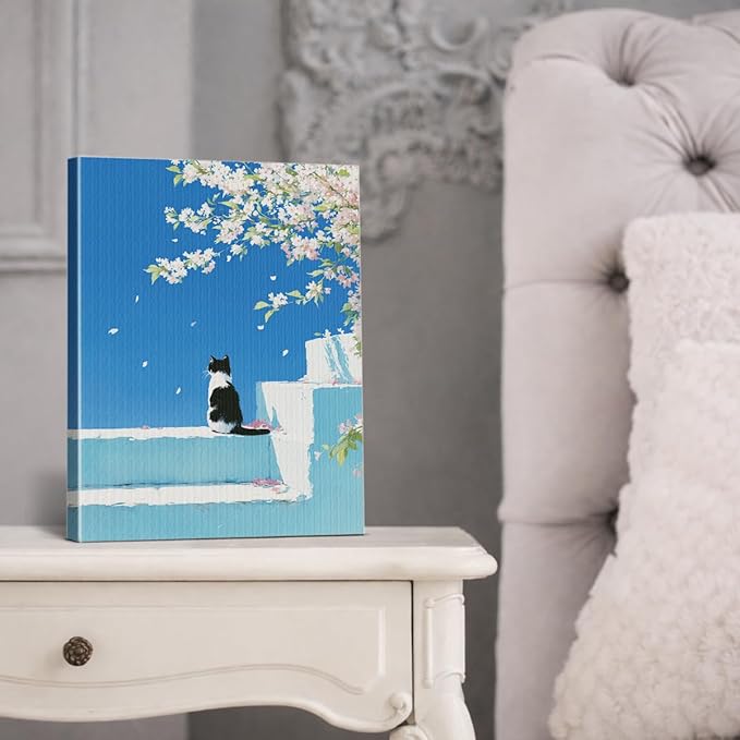 Cute Cat Floral Blue Wall Art Decor Cherry Blossom Kitten Print Picture Cat Lover Gifts Wall Decor for Home Living Room Bedroom 8x10 Inch Canvas Framed