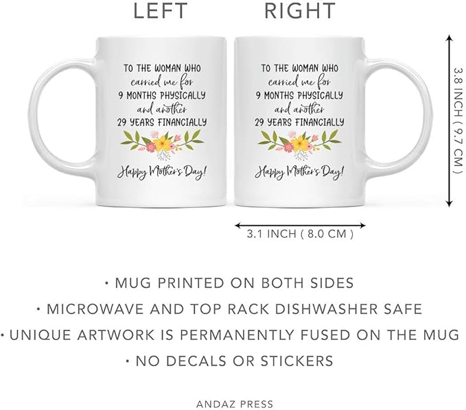 Andaz Press Mother's Day 11oz. Ceramic Coffee Tea Mug Gift for Mom, To the Woman Who Carried Me for 9 Months Physically, and Another 29 Financially, Happy Mother's Day!, 1-Pack