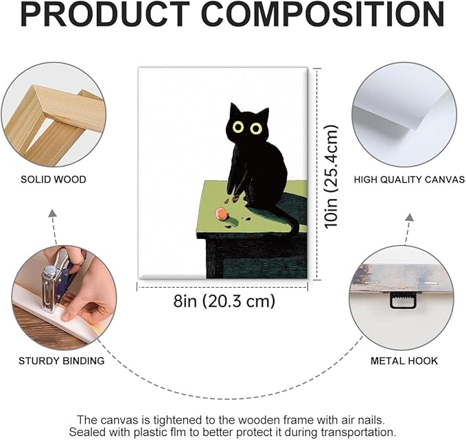 Modern Black Cat Wall Art Decor Cute Cartoon Kitten Print Picture Cat Lover Gifts Wall Decor for Home Living Room 8x10 Inch Canvas Framed