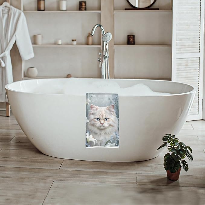 Cute White Cat Kitchen Towels, Aesthetic Flower Decorative Absorbent Microfiber Dish Cloth Tea Towel, Waffle Soft Hand Towels for Farmhouse Home Bathroom Kitchen Decor, Cat Lover Gifts