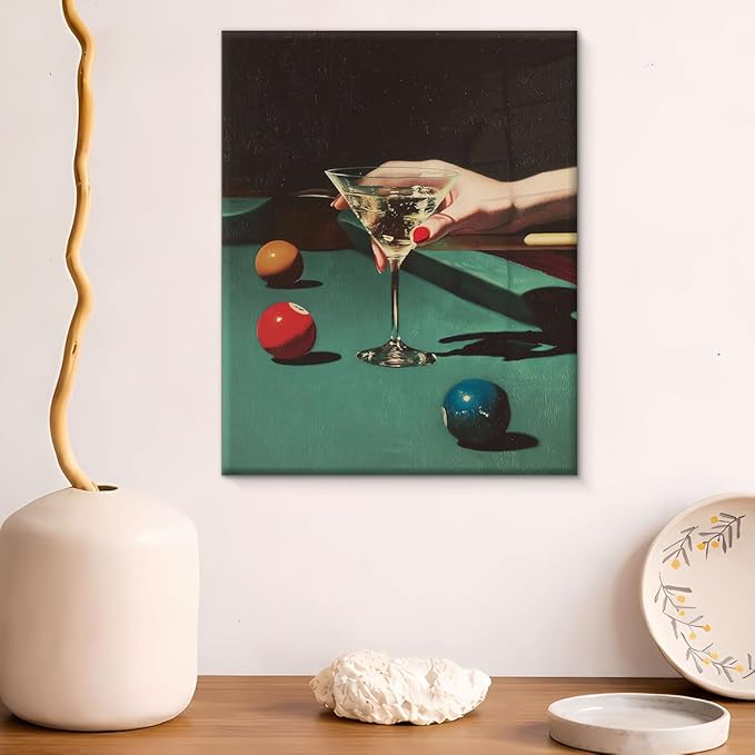 Vintage Dive Bar Martini Canvas Wall Art Billiards Cocktail Print Painting Retro Wall Decor for Bar Kitchen Game Room 8x10 Inches Framed