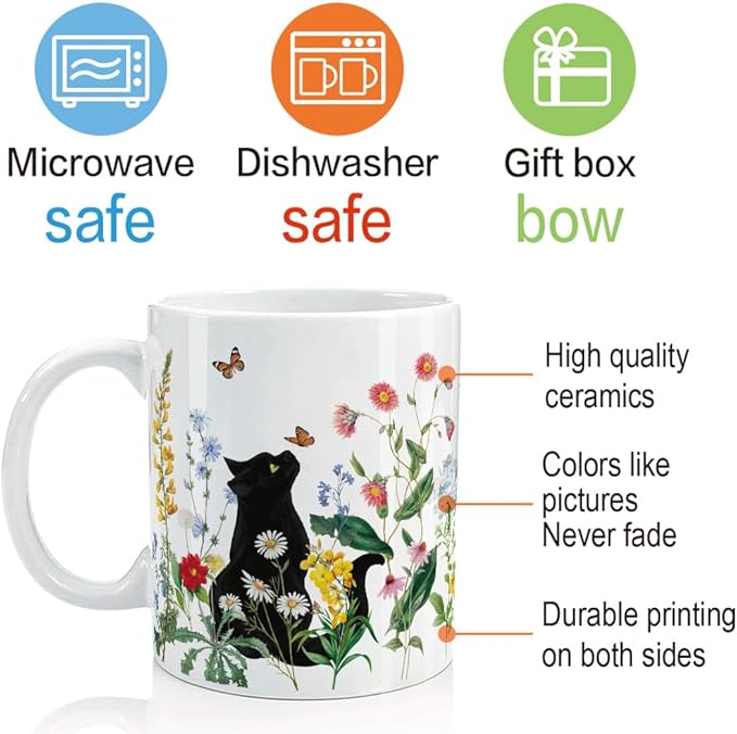 FALJIOK Cute Black Cat and Flowers 11oz Porcelain Coffee Mug, Gift for Cat Lover, Mom, Friend, Bestie