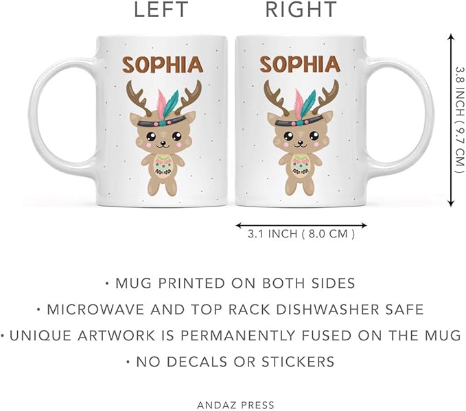Andaz Press Personalized 11oz. Kids Milk Hot Chocolate Mug, Tribal Deer, 1-Pack, Custom Child’s Birthday Christmas Coffee Cup
