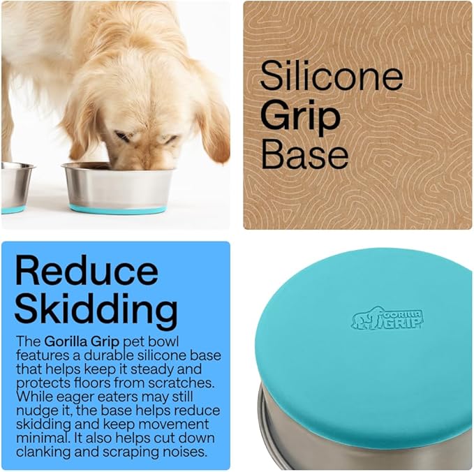 GORILLA GRIP Dog Bowls, Food Grade 304 Stainless Steel Holds 4 Cups Each (32 fl oz) Food and Water Bowl for Feeding Dogs and Cats Dishwasher Safe Rust Resistant BPA Free Rubber Base Set of 2 Turquoise
