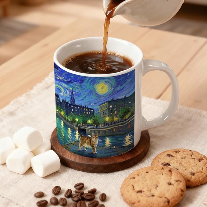 Famous Oil Painting Starry Night Cat Art Theme Double-Sided Ceramic Mug, Famous Art Parody Funny Cats Mug for Pet Lover, Kitty Lover Gifts for Men Women, Christmas Birthday Gifts for Cat Mom