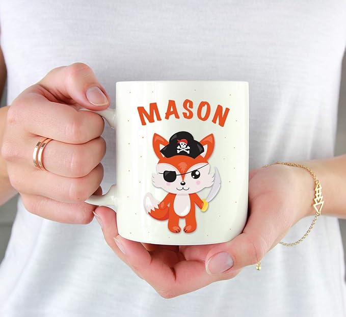 Andaz Press Personalized 11oz. Kids Milk Hot Chocolate Mug, Fox with Pirate Black Hat, 1-Pack, Custom Child’s Birthday Christmas Coffee Cup