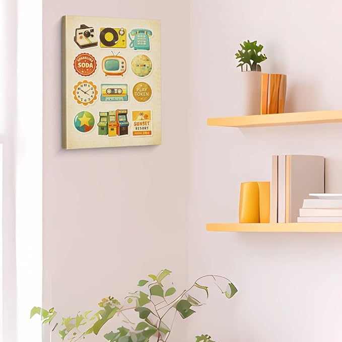 Retro Nostalgic Canvas Wall Art Vintage 70s Objects Print Painting Retro Wall Decor for Home Living Room Bedroom 8x10 Inches Framed