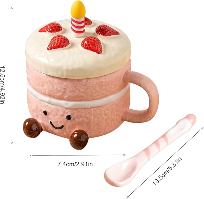 Adorable Cake Ceramic Coffee Mug, 400ml Cute funny Mug For Women, Cake Shaped Aesthetic Mugs Tea Cup with Lid Spoon for Birthday Valentines Day Home Office School