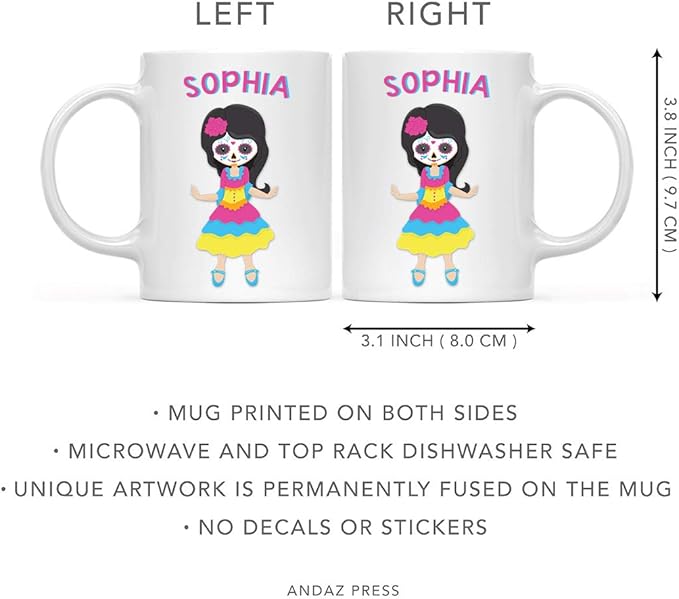 Andaz Press Personalized 11oz. Kids Hot Chocolate Mug, Mexican Day of the Dead Dia de Los Muertos Girl, 1-Pack, Custom Child’s Birthday Christmas Coffee Cup
