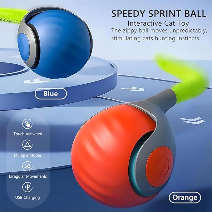 Automatic Cat Ball Toy with 2 Feather Tails - Rechargeable Interactive Cat Toys, 2-Speed Motion Activated Roller for Indoor Cats to Relieve Boredom (Small/Medium/Large Cats) (Blue)