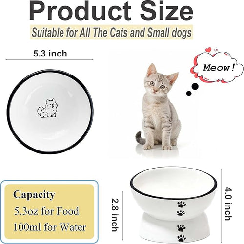 Anti-Rollover Elevated Ceramic Cat Bowls Holding Food and Water with A Cute Puppy Sideways Pattern, Black Border, Suitable for Small Dogs and Pets