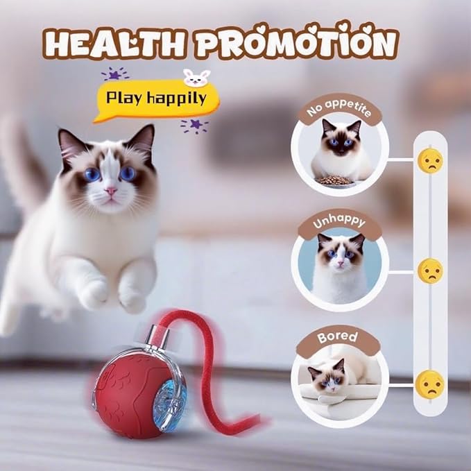 2026 New Interactive Cat Toy Ball for Indoor Cats Dog, Smart 360° Automatic Rolling Pet Ball Kitten Toys with Replace Feather , 3.0 Tail Electric Cat's Toys with LED Light Three Modes Adjustment