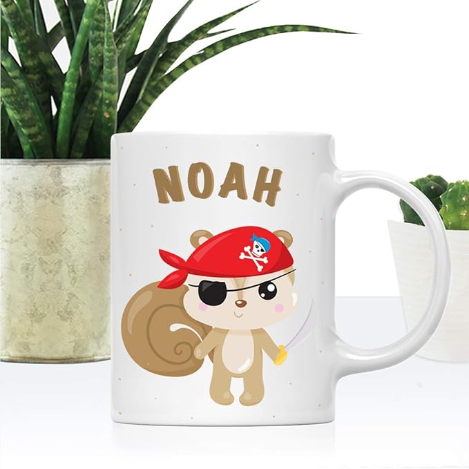 Andaz Press Personalized 11oz. Kids Milk Hot Chocolate Mug, Squirrel Pirate Red Scarf, 1-Pack, Custom Child’s Birthday Christmas Coffee Cup