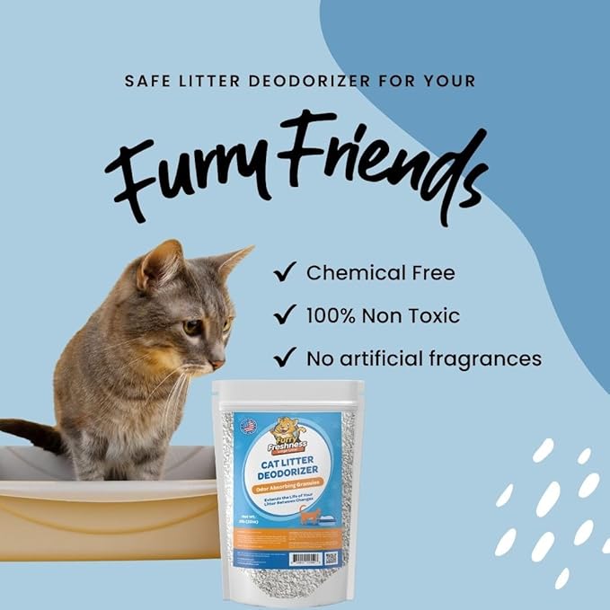 FurryFreshness Cat Deodorizer & Box Odor Eliminator - Works With All Litters To Increase Litter Life - Made In USA - Nontoxic, Fragrance Free Odor Control (2 Lbs)