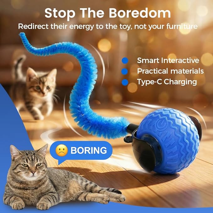 Interactive Cat Toy Ball for Indoor Cats, 2026 Automatic Moving Cat Toy with Feather Tails, 3-Mode Activated Self Rolling Smart Ball, Rechargeable Toy for Small Medium Large Cats (Blue)