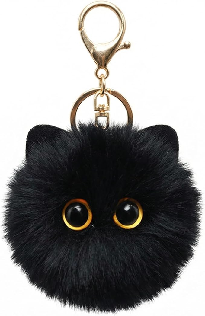 Cute Black Cat Plush Keychain - Kawaii Bag Charm, Soft Cat Pom Pom Keychain for Backpack Purse Keys, Birthday Gift for Women Girls Cat Lovers