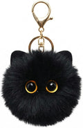 Cute Black Cat Plush Keychain - Kawaii Bag Charm, Soft Cat Pom Pom Keychain for Backpack Purse Keys, Birthday Gift for Women Girls Cat Lovers