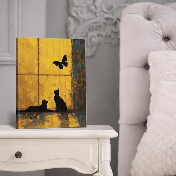 Vintage Black Cat Gold Wall Art Decor Cats and Butterfly Print Picture Cat Lover Gifts Wall Decor for Home Living Room Bedroom 8x10 Inch Canvas Framed