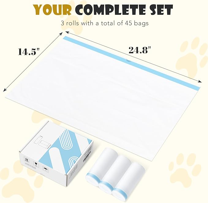 Cat Litter Box Liners for Self-Cleaning Smart Litter Boxes, 25x15 Inch Heavy Duty Leak-Proof Drawstring Litter Bags, Disposable Odor Resistant Pet Waste Bags - 3 Rolls/45 Counts Total