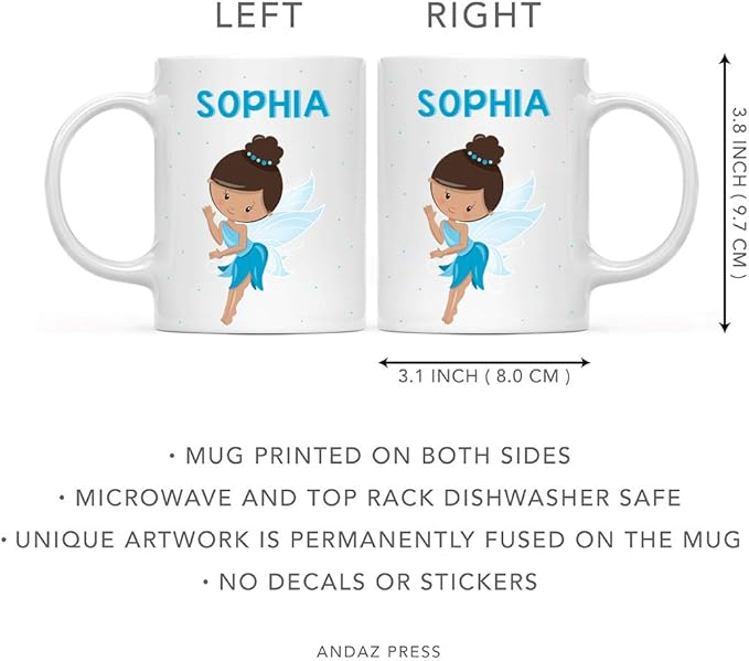 Andaz Press Personalized 11oz. Kids Milk Hot Chocolate Mug, Blue Fairytale Princess, 1-Pack, Custom Child’s Birthday Christmas Coffee Cup