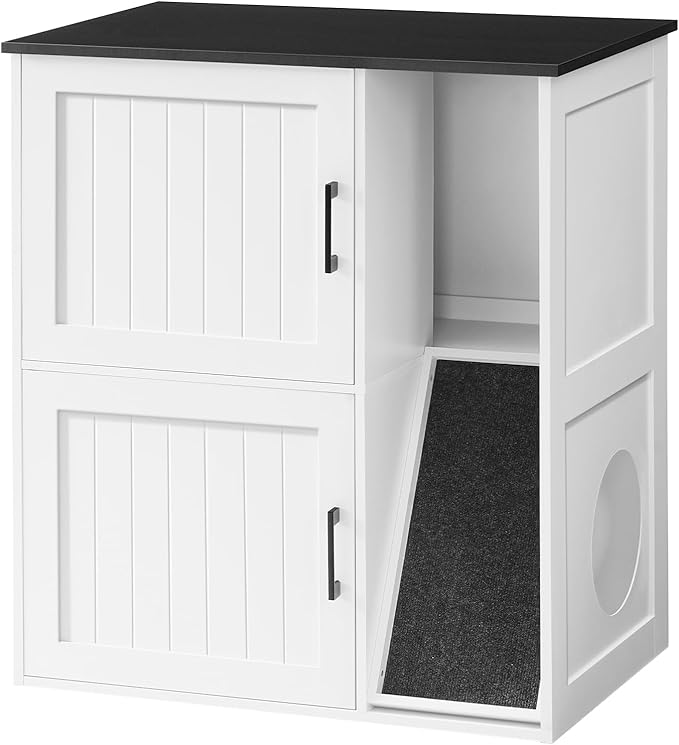 Litter Box Enclosure for 2 Cats, Hidden Litter Box Furniture with Scratch Pad, Double Litter Boxes Enclosure, Wooden Cat Washroom, Indoor Cat House End Table, White and Black CWBB3201
