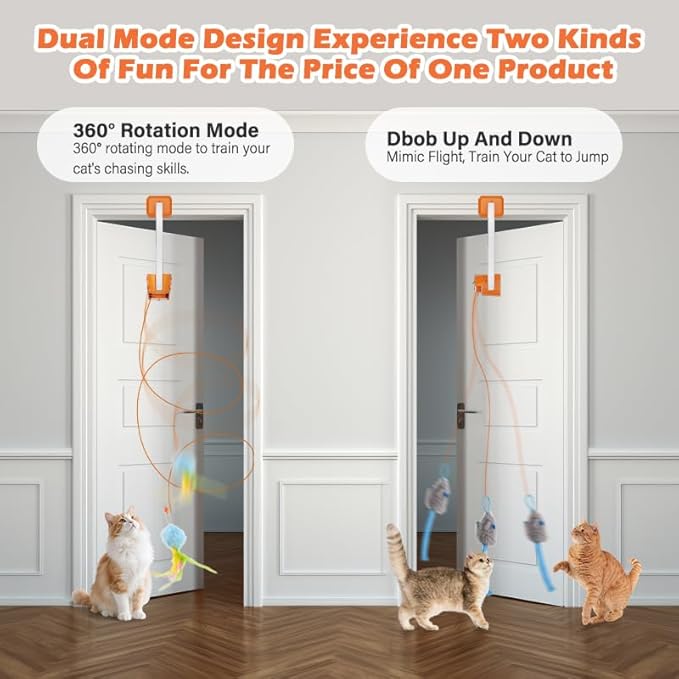 Rechargeable Electric Cat Teaser with Remote – Interactive Door Clip Teaser for Cats, 2 Motion Modes (360° Spin & Irregular Jumping), Smart Auto Cat Toy for Exercise & Fun (Orange)