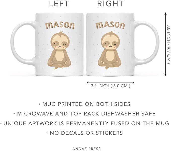Andaz Press Personalized 11oz. Kids Hot Chocolate Mug, Baby Sloth Yoga Meditation, 1-Pack, Custom Child’s Birthday Christmas Coffee Cup