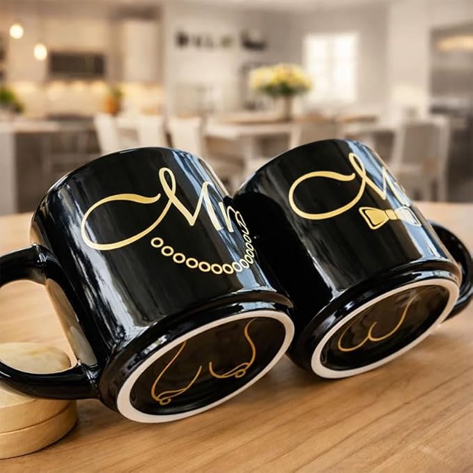 Mr and Mrs Mug Set, Mr Mrs Wedding Gift for Couples, 17 Oz Funny Couple Coffee Mug with Hidden Bottom Design, Newlywed Gift, Bride Groom Present, Anniversary Engagement Gift, His and Hers Mug