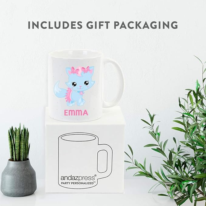 Andaz Press Personalized 11oz. Kids Milk Hot Chocolate Mug, Blue Cat with Pink Bow, 1-Pack, Custom Child’s Birthday Christmas Coffee Cup