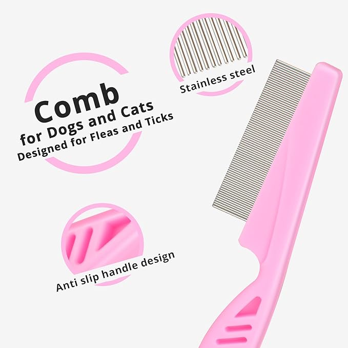 Flea Comb for Dogs and Cats - Lice Comb with Rubber Handle - Promotes Hair Growth and Removes Loose Hair, Knots, and Flakes Flea Brush for Pets(3P,PINK)