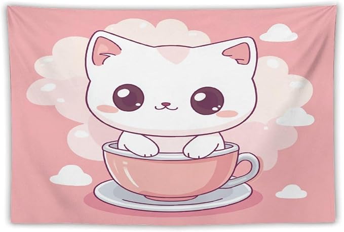 Kawaii Cat Tapestry As Wall Art Cute Kitten Cat Meow Tapestry Aesthetic Landscape Tapestry Wall Decor for Bedroom Living Room Dorm 60"x90" Wall Hanging for Home Decor Bedroom Living Room Dorm Decor