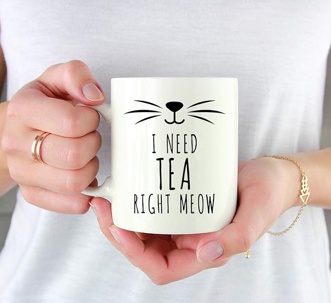 Andaz Press Funny Cat Lover 11oz. Ceramic Coffee Tea Mug, I Need Tea Right Meow, 1-Pack, for Cat Mom, Birthday Christmas Ideas, Includes Box