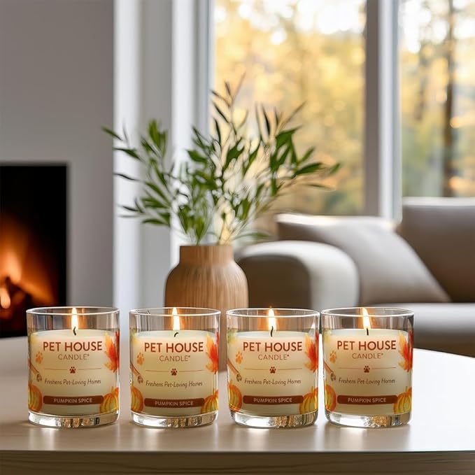 One Fur All Pet House Soy Candles, Clean Burning, Plant-Based Scented Candles for Pet Odor, Pumpkin Spice, 4 Pack