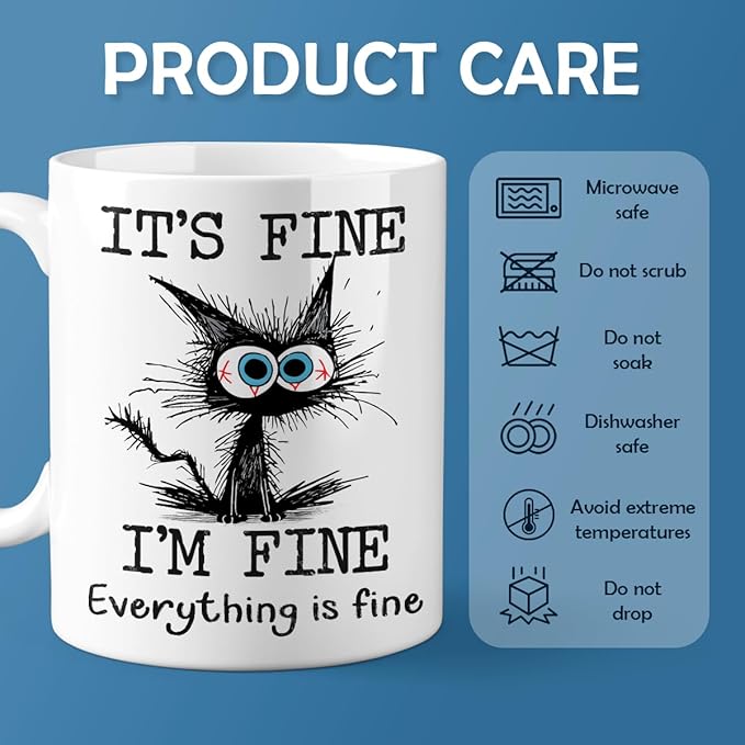 Funny Black Cat Coffee Cups, It’s Fine Everything is Fine, Christmas Birthday Gifts for Cat Lovers, Funny Coffee Mug for Women, Men, Humor Office Mug, 11 Oz Ceramic Coffee Mugs