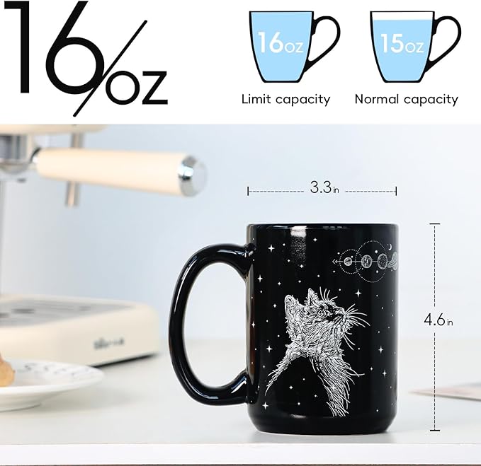 16 oz Black Kitty Coffee Mug for Cat Lovers - Gift for Women, Mom, Friends, Coworker, Men, Dad - Goth Ceramic Tea Cup for Christmas,Halloween, Witchy Present